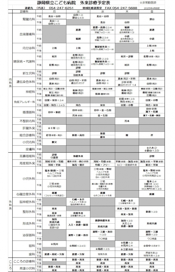 静岡県立こども病院 外来診療予定表