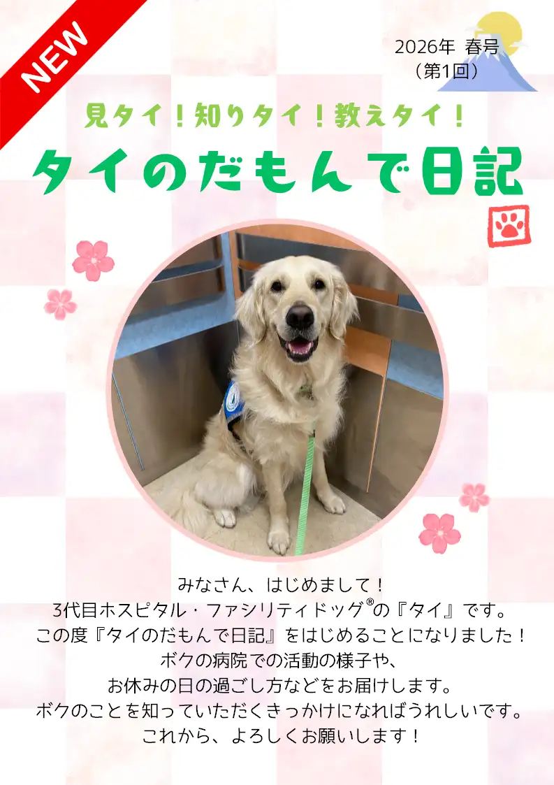 みなさん、はじめまして！ 3代目ホスピタル・ファシリティドッグ の『タイ』です。 この度『タイのだもんで日記』をはじめることになりました！ ボクの病院での活動の様子や、 お休みの日の過ごし方などをお届けします。 ボクのことを知っていただくきっかけになればうれしいです。 これから、よろしくお願いします！