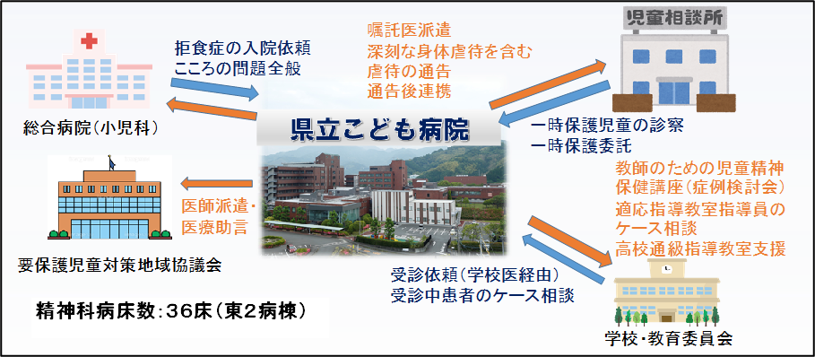 児童精神科病棟と小児科・学校・福祉機関との連携を表す図